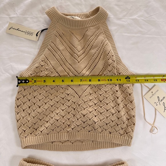 Freshman 1996 Women Tan Pointelle Knit 2 Piece Set Halter Crop Top Maxi Skirt XS - Picture 6 of 11